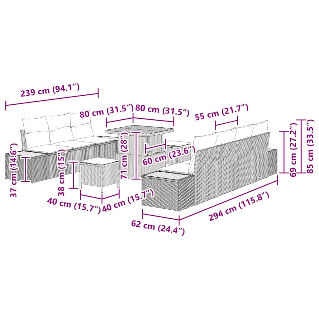 Conjunto de Sofá de Jardim 10 pcs Cinzeto Rattan Sintético