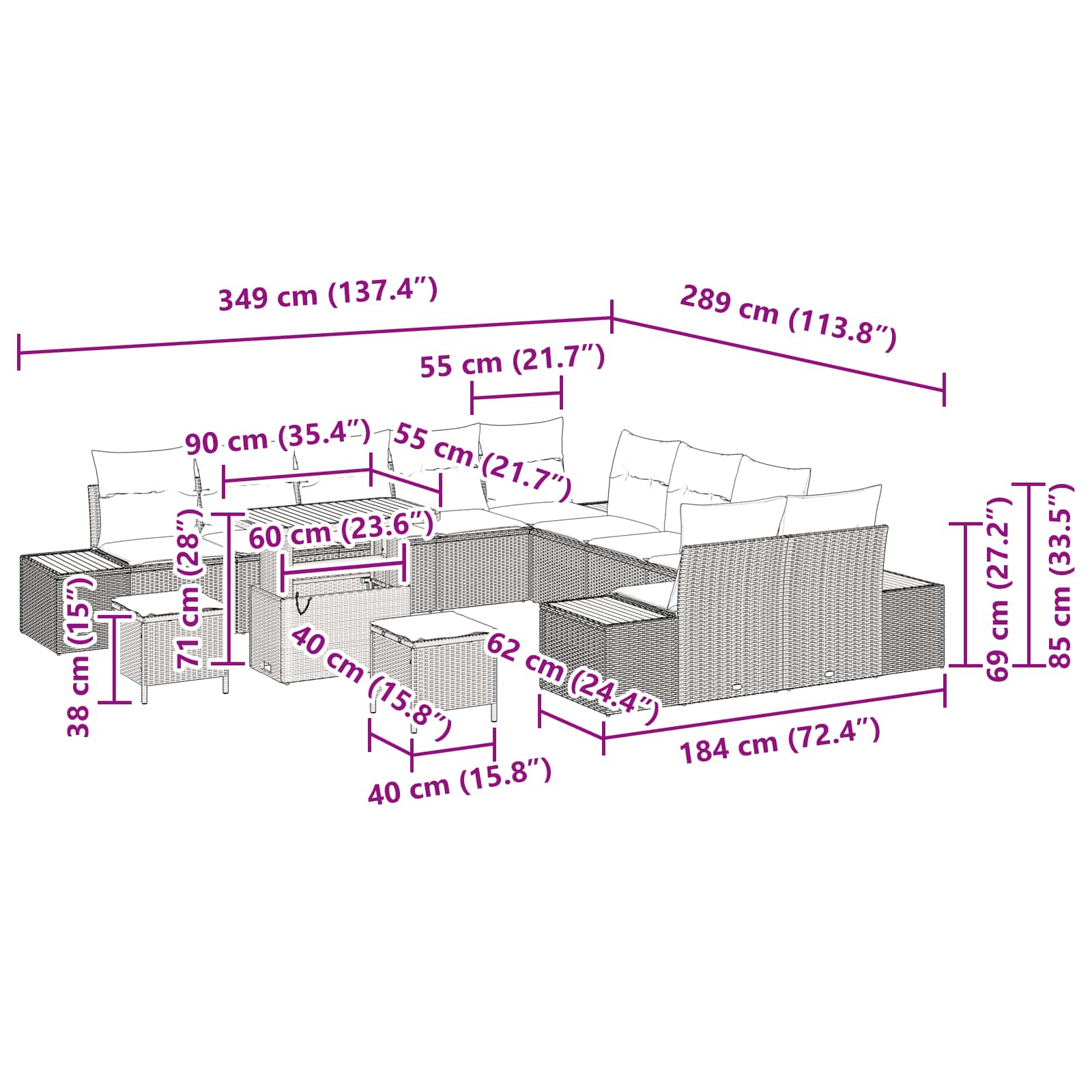 Conjunto de Sofá de Jardim 13 pcs Preto Rattan Sintético