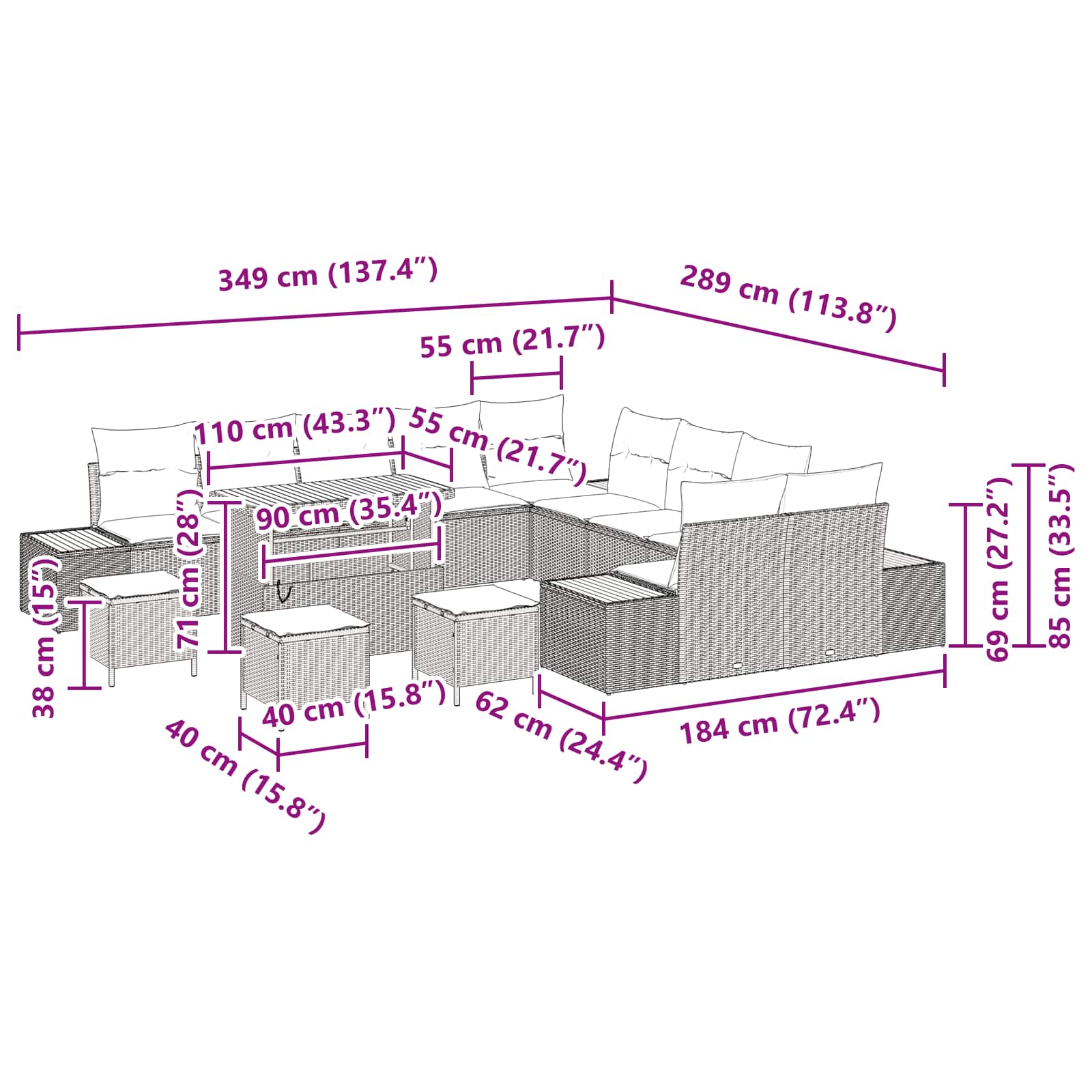 Conjunto de Sofá de Jardim 14 pcs Preto Rattan Sintético
