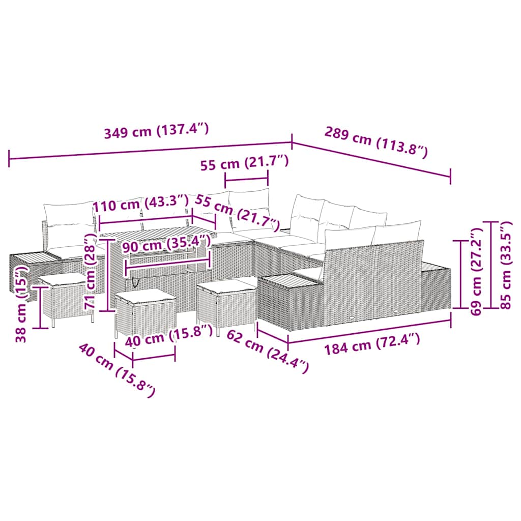 Conjunto de Sofá de Jardim 14 pcs Bege Rattan Sintético