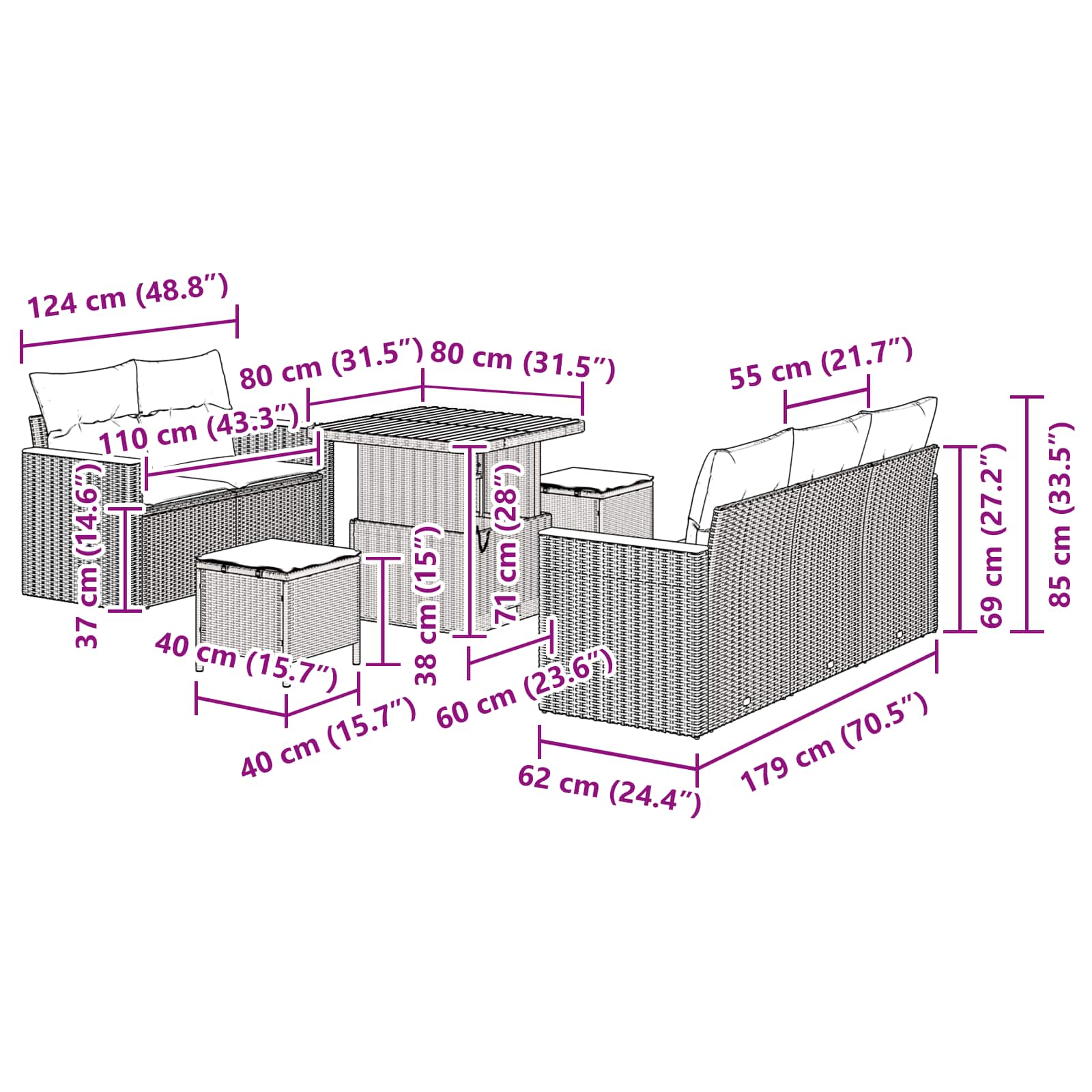 Conjunto de Sofá de Jardim 8 pcs Preto Rattan Sintético