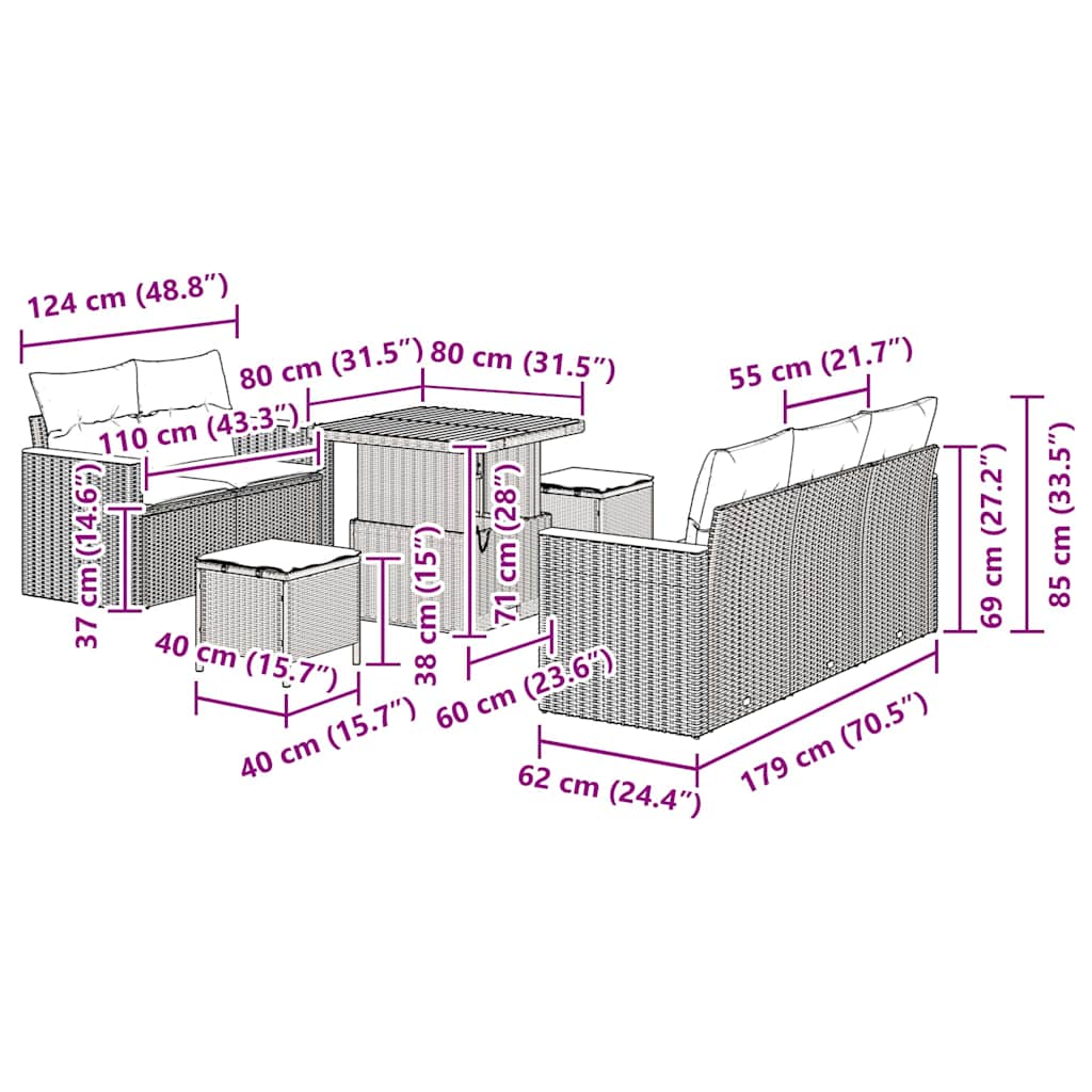 Conjunto de Sofá de Jardim 8 pcs Cinzeto Rattan Sintético