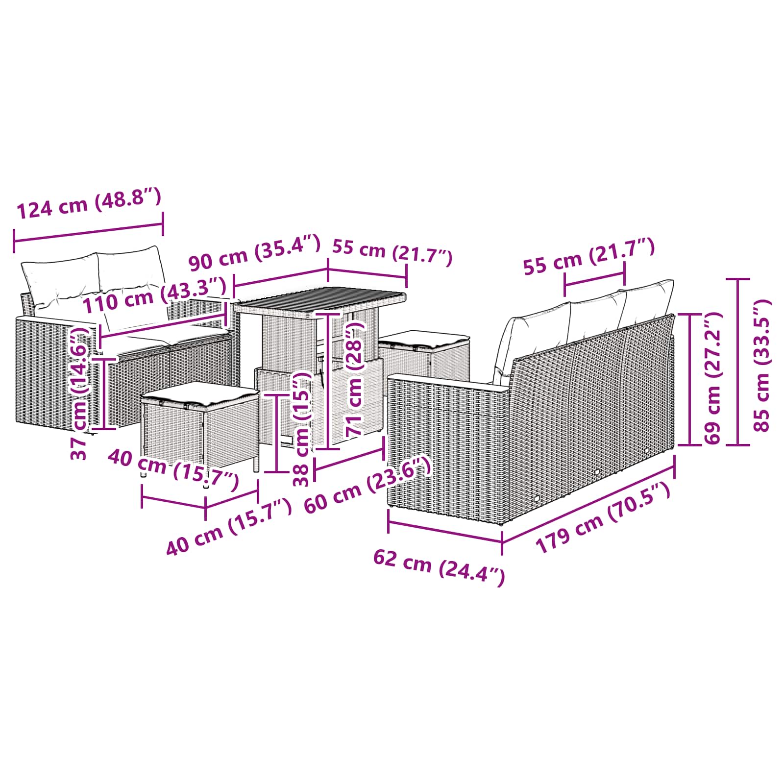 Conjunto de Sofá de Jardim 8 pcs Preto Rattan Sintético