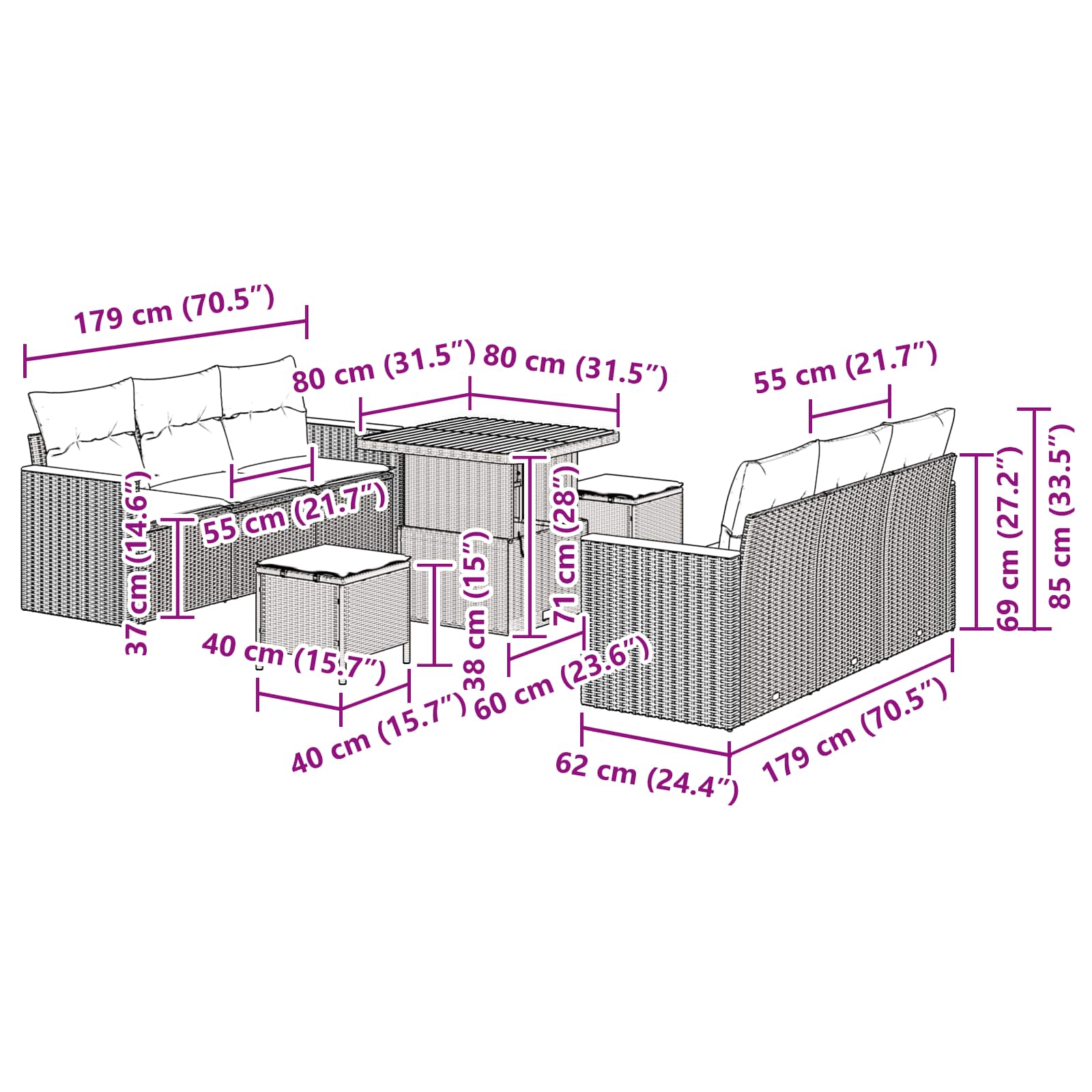 Conjunto de Sofá de Jardim 9 pcs Preto Rattan Sintético