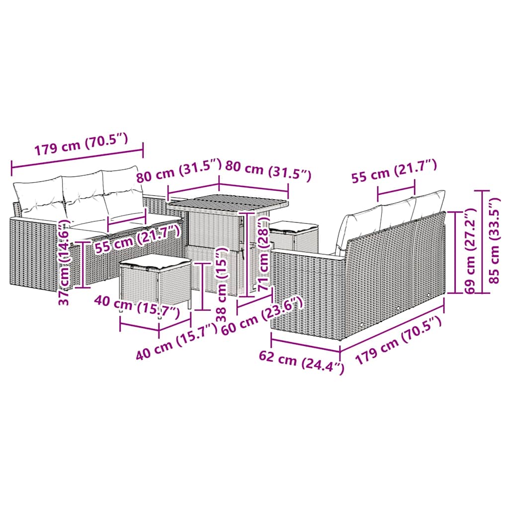 Conjunto de Sofá de Jardim 9 pcs Bege Rattan Sintético
