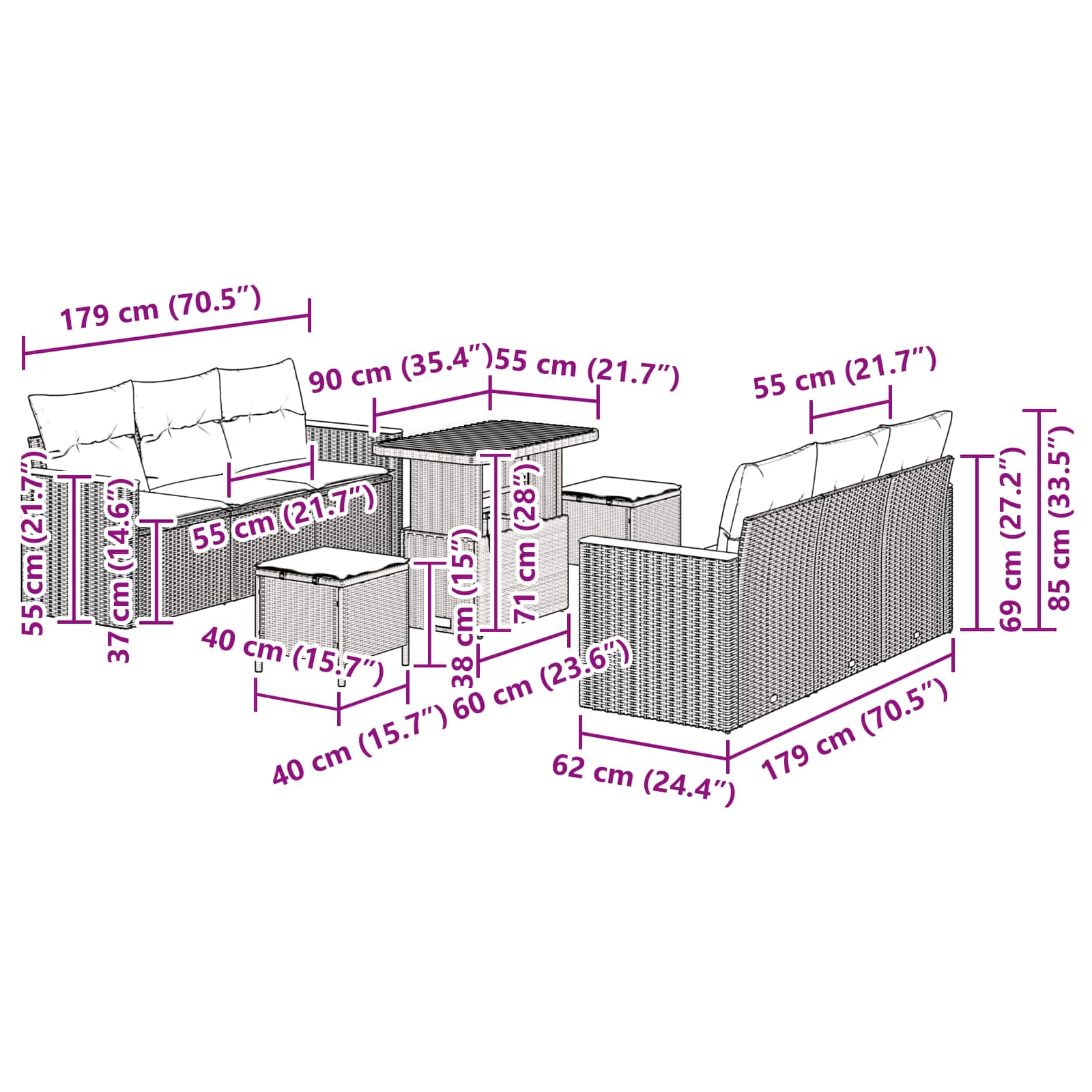 Conjunto de Sofá de Jardim 9 pcs Preto Rattan Sintético