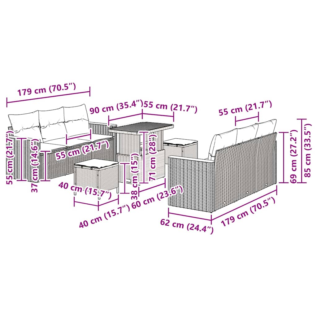 Conjunto de Sofá de Jardim 9 pcs Cinzeto Rattan Sintético