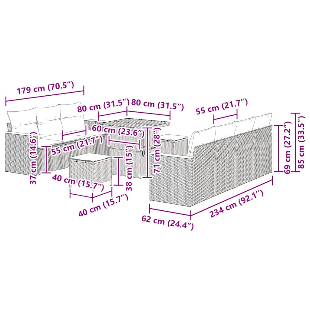 Conjunto de Sofá de Jardim 10 pcs Cinzeto Rattan Sintético