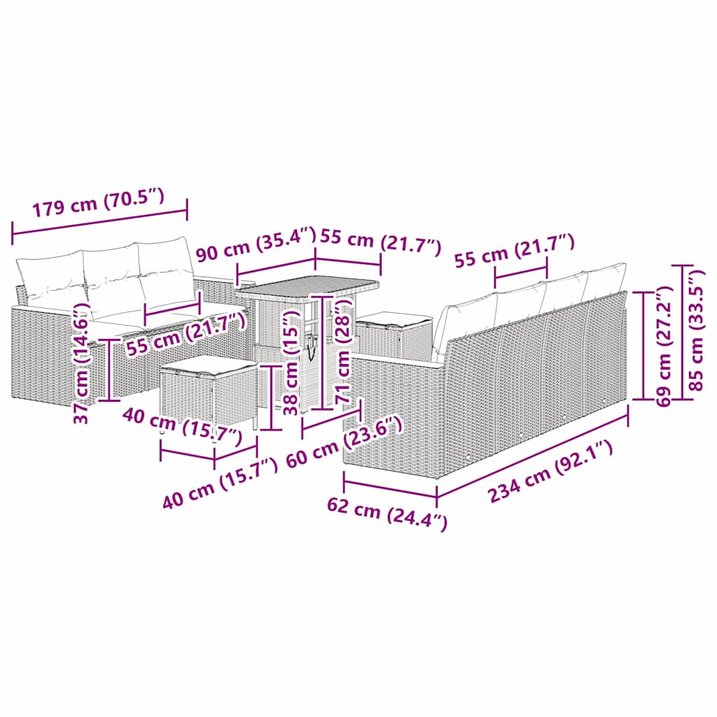 Conjunto de Sofá de Jardim 10 pcs Cinzeto Rattan Sintético