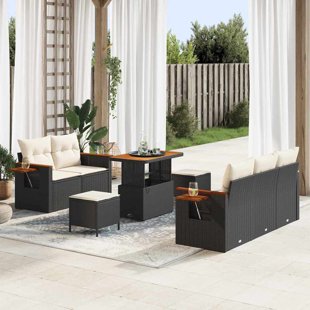 Conjunto de Sofá de Jardim com almofada 8 pcs Preto e creme