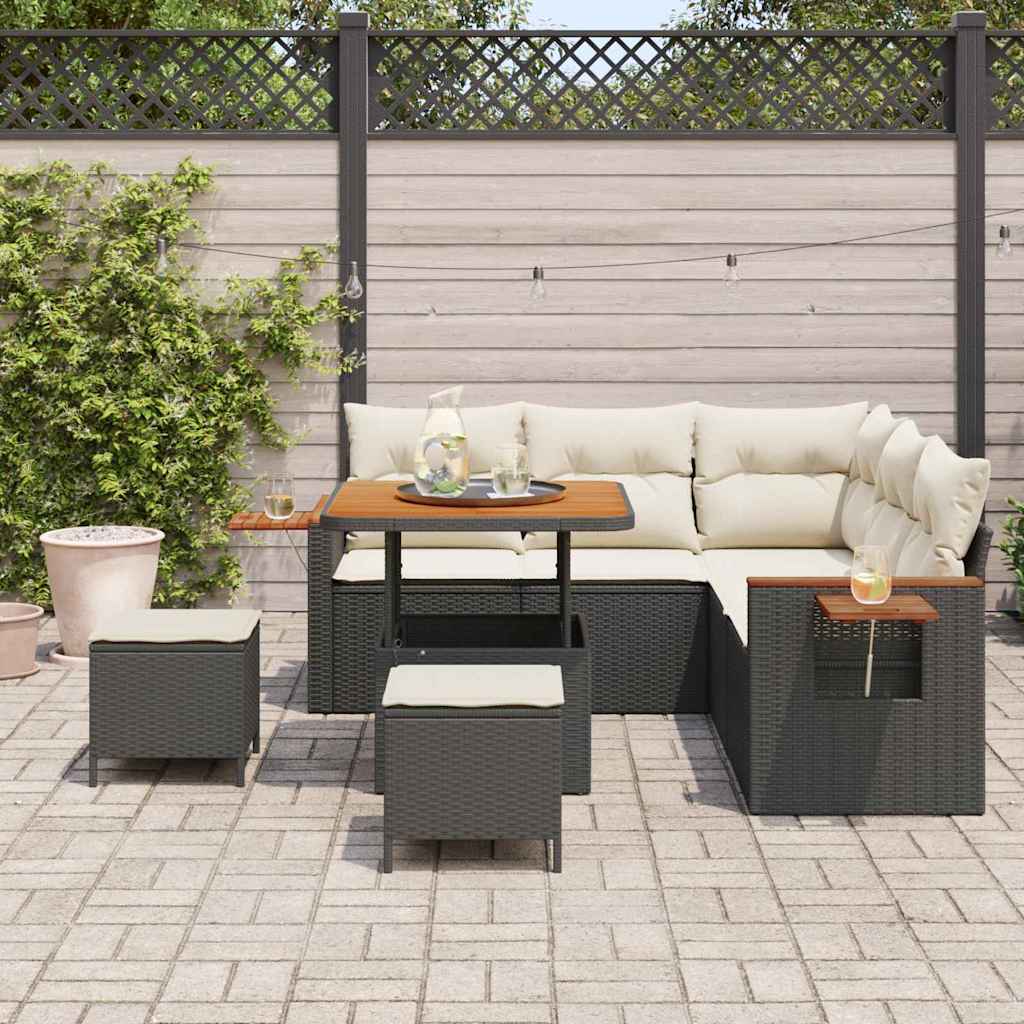 Conjunto de Sofá de Jardim com almofada 8 pcs Preto e creme