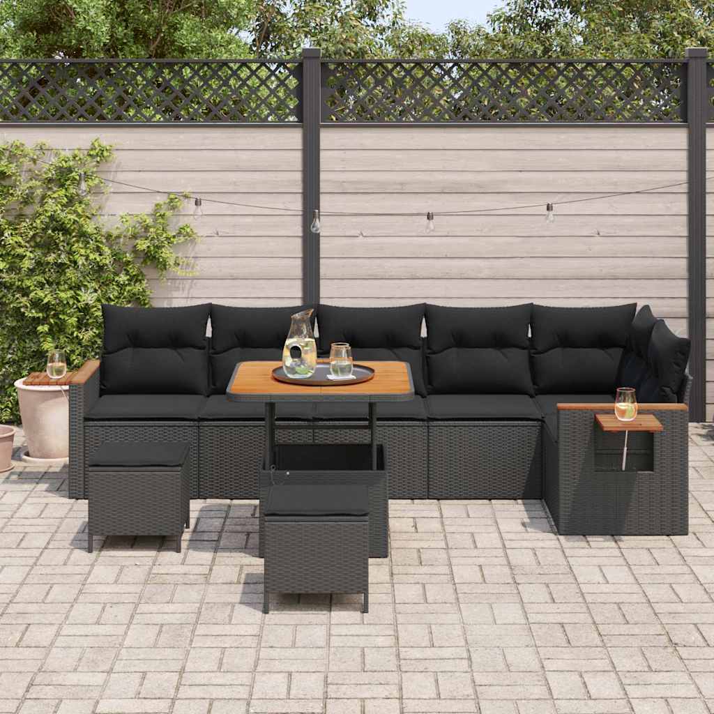 Conjunto de Sofá de Jardim com almofada 9 pcs Preto