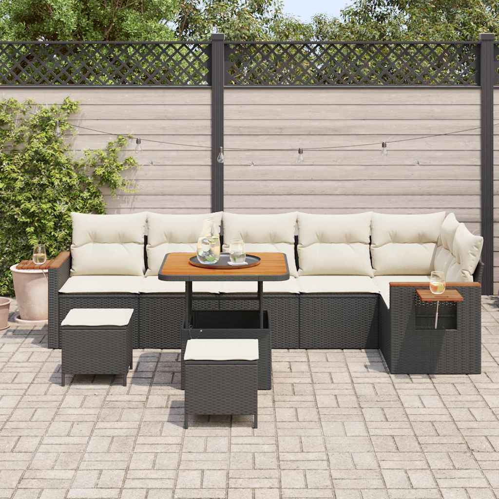 Conjunto de Sofá de Jardim com almofada 9 pcs Preto e creme