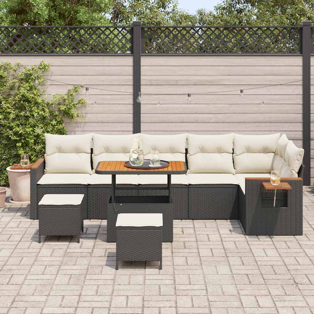 Conjunto de Sofá de Jardim com almofada 9 pcs Preto e creme