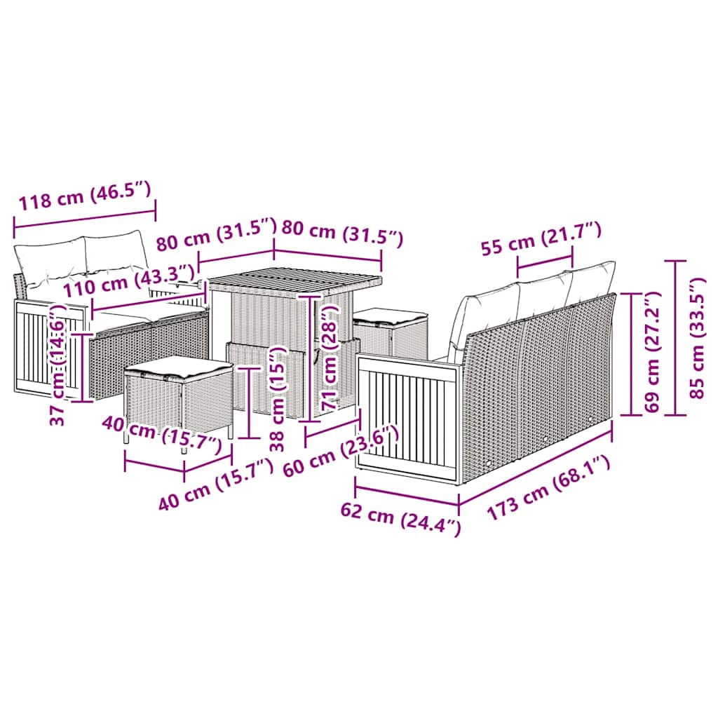 Conjunto de Sofá de Jardim com almofada Manual 8 pcs Preto