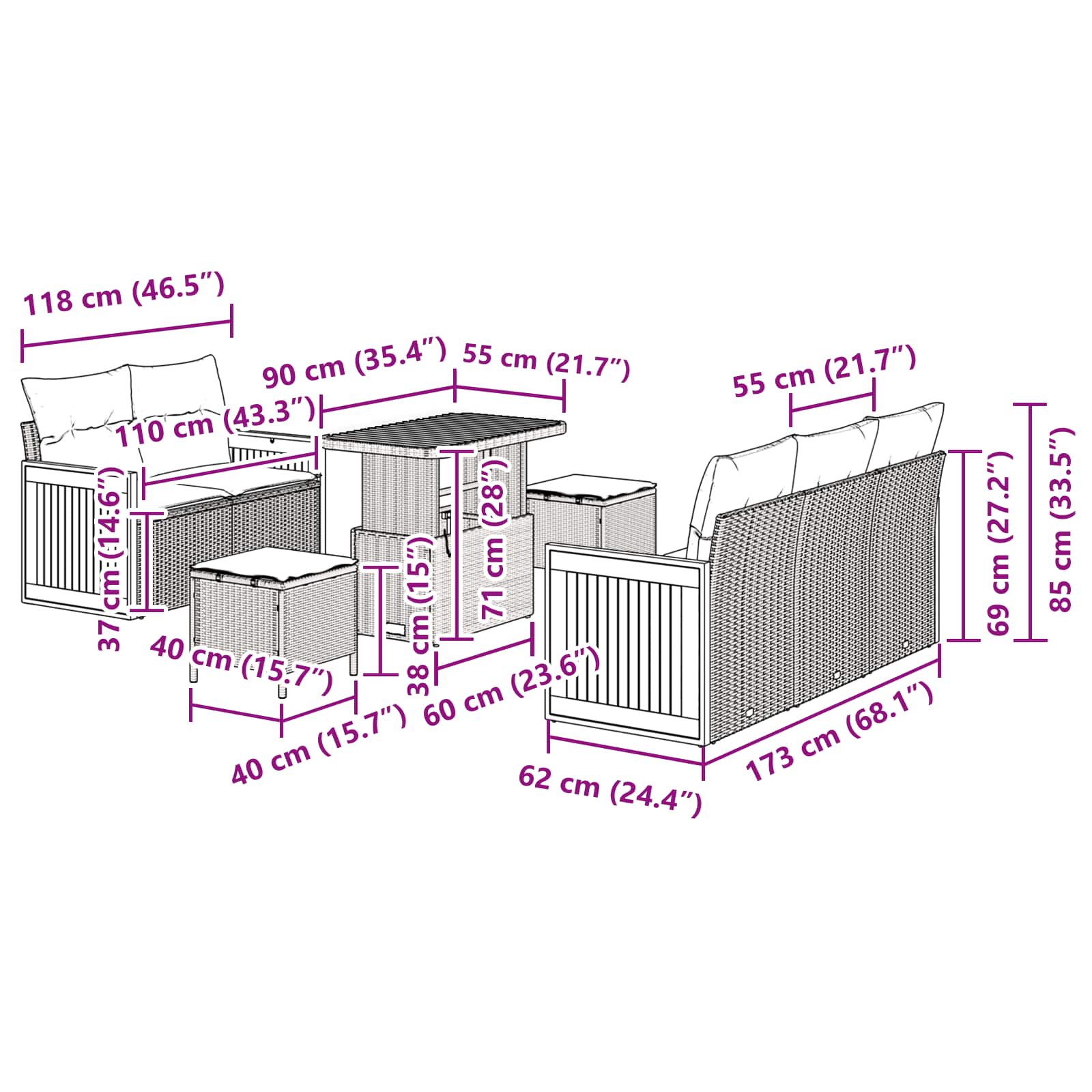 Conjunto de Sofá de Jardim com almofada Manual 8 pcs Preto