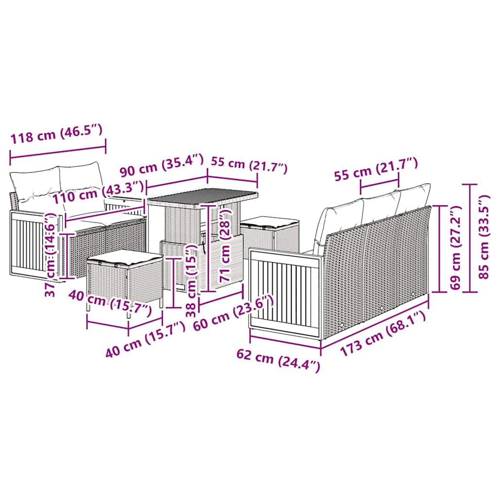 Conjunto de Sofá de Jardim com almofada 8 pcs bege e creme