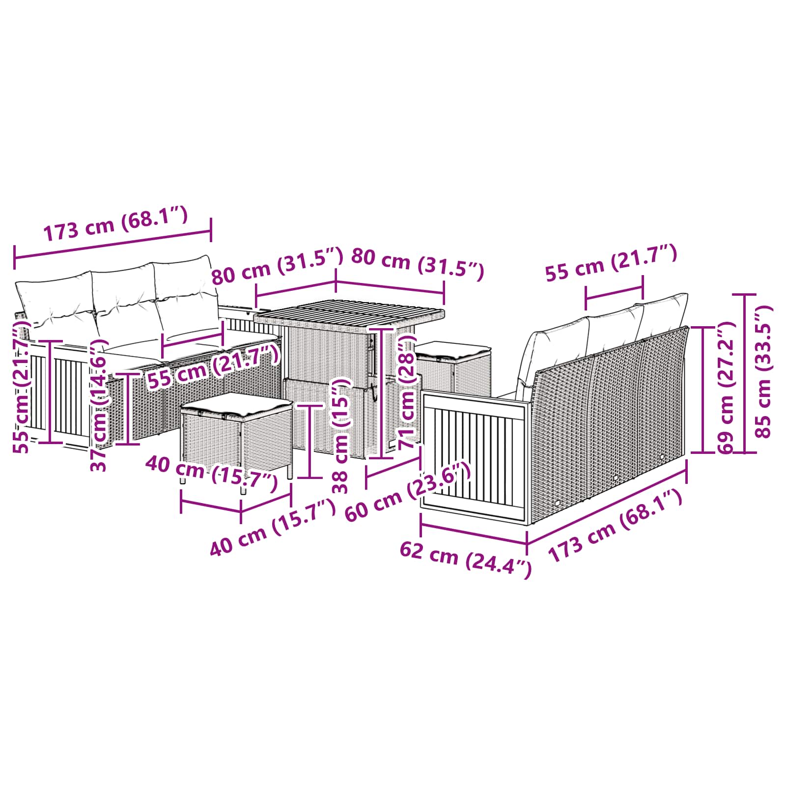 Conjunto de Sofá de Jardim com almofada Manual 9 pcs Preto