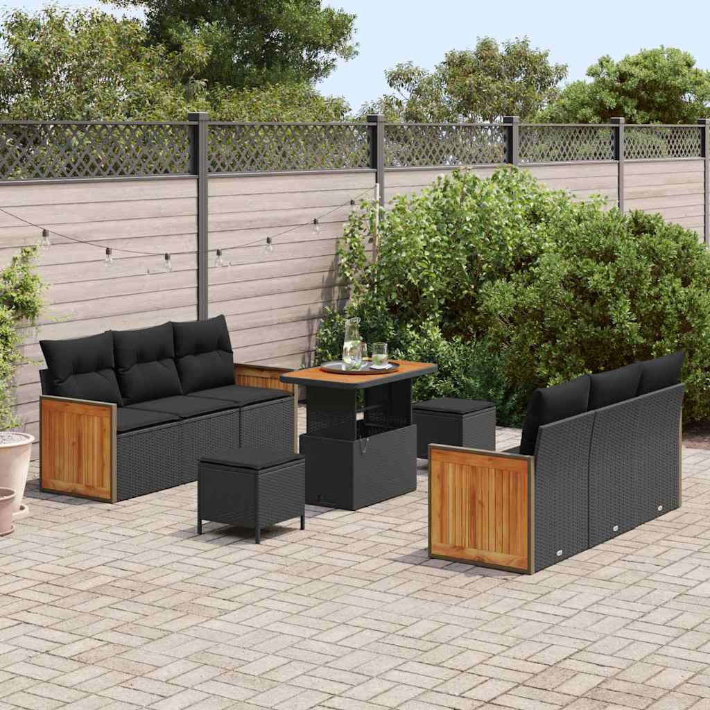 Conjunto de Sofá de Jardim com almofada Manual 9 pcs Preto