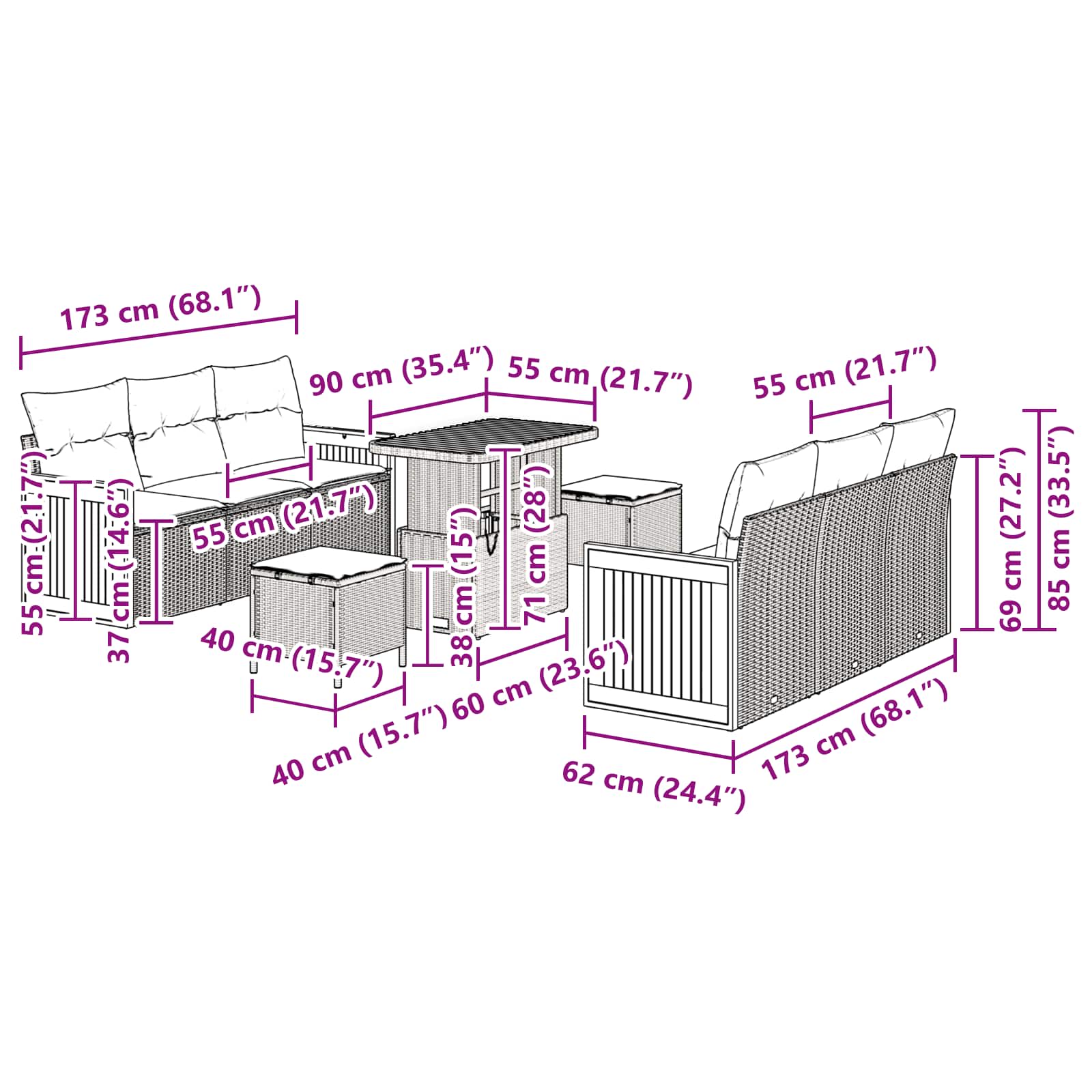 Conjunto de Sofá de Jardim com almofada Manual 9 pcs Preto