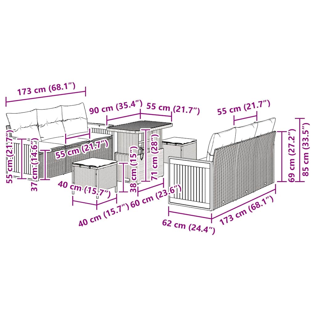 Conjunto de Sofá de Jardim com almofada 9 pcs Preto e creme