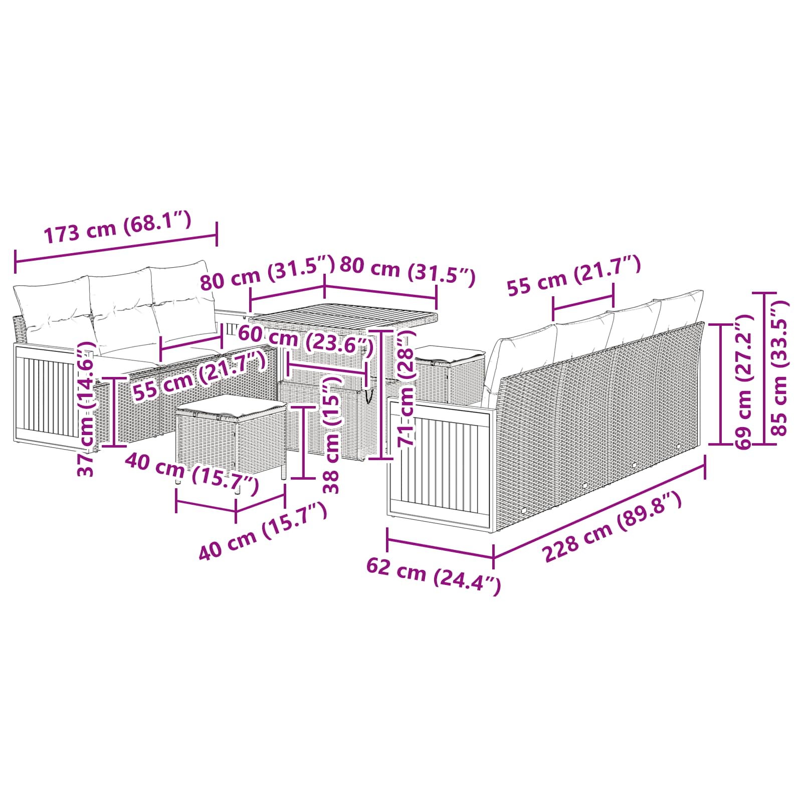 Conjunto de Sofá de Jardim com almofada Manual 10 pcs Preto