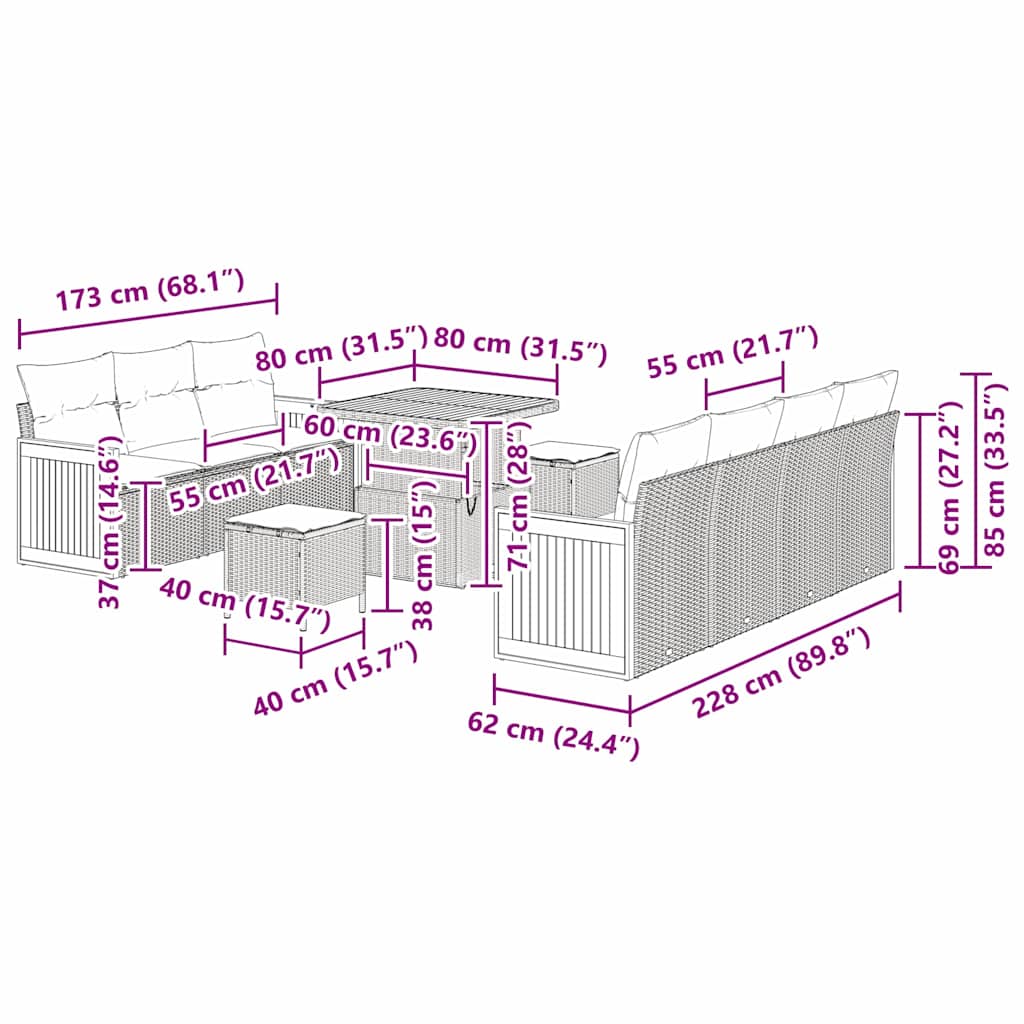 Conjunto de Sofá de Jardim Manual 10 pcs bege e cinzento claro