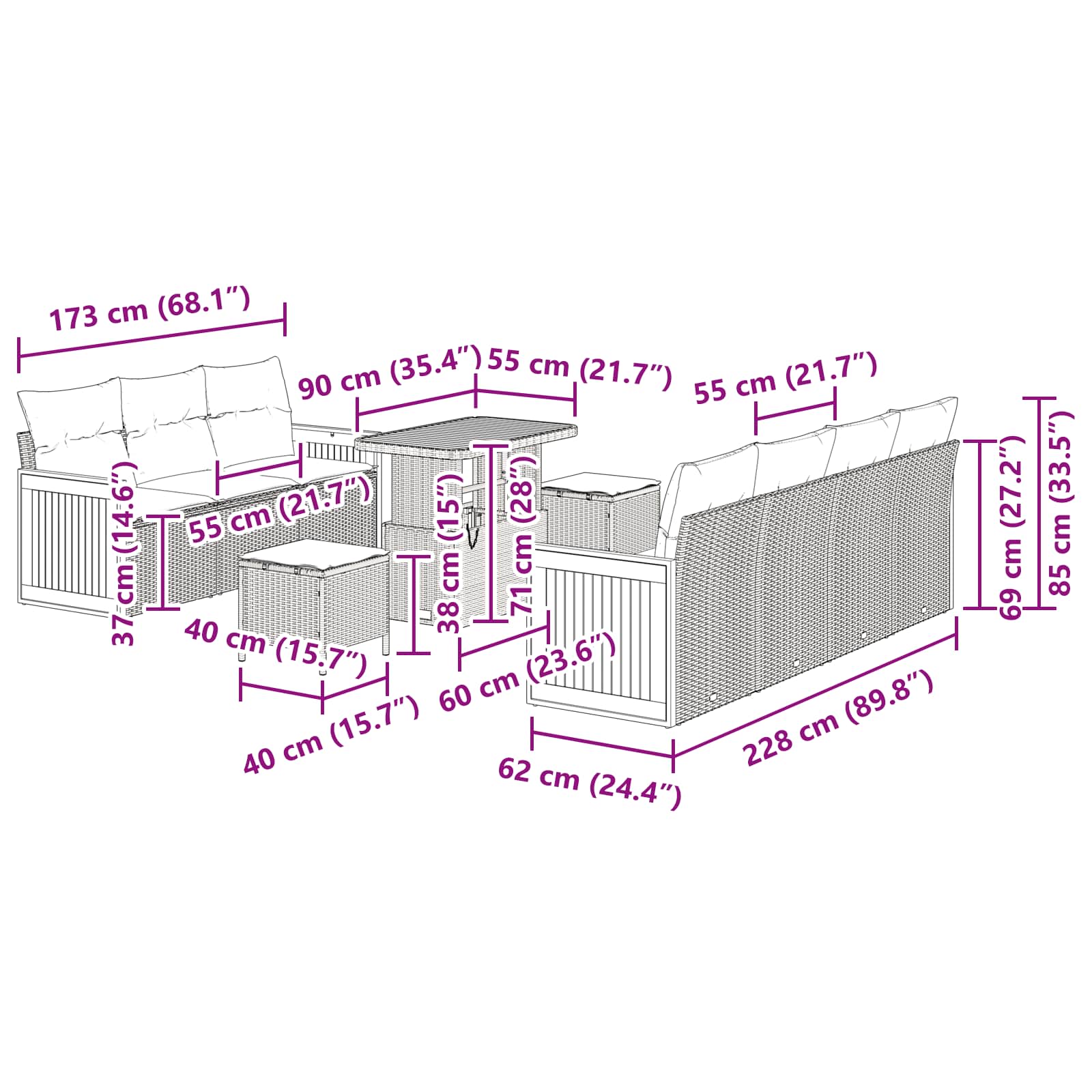 Conjunto de Sofá de Jardim com almofada Manual 10 pcs Preto