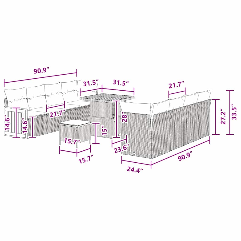 Conjunto de Sofá de Jardim com almofada Manual 11 pcs Preto