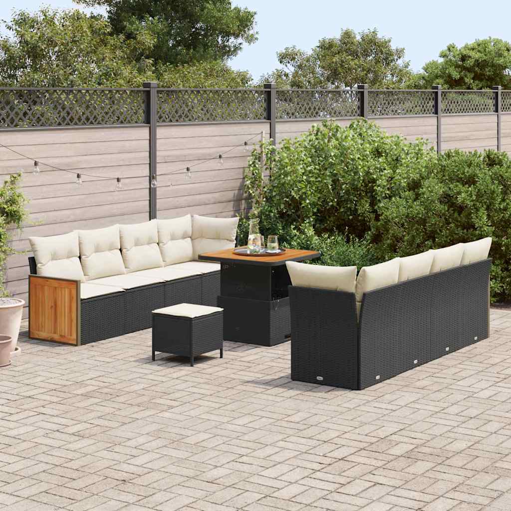 Conjunto de Sofá de Jardim com almofada 11 pcs Preto e creme