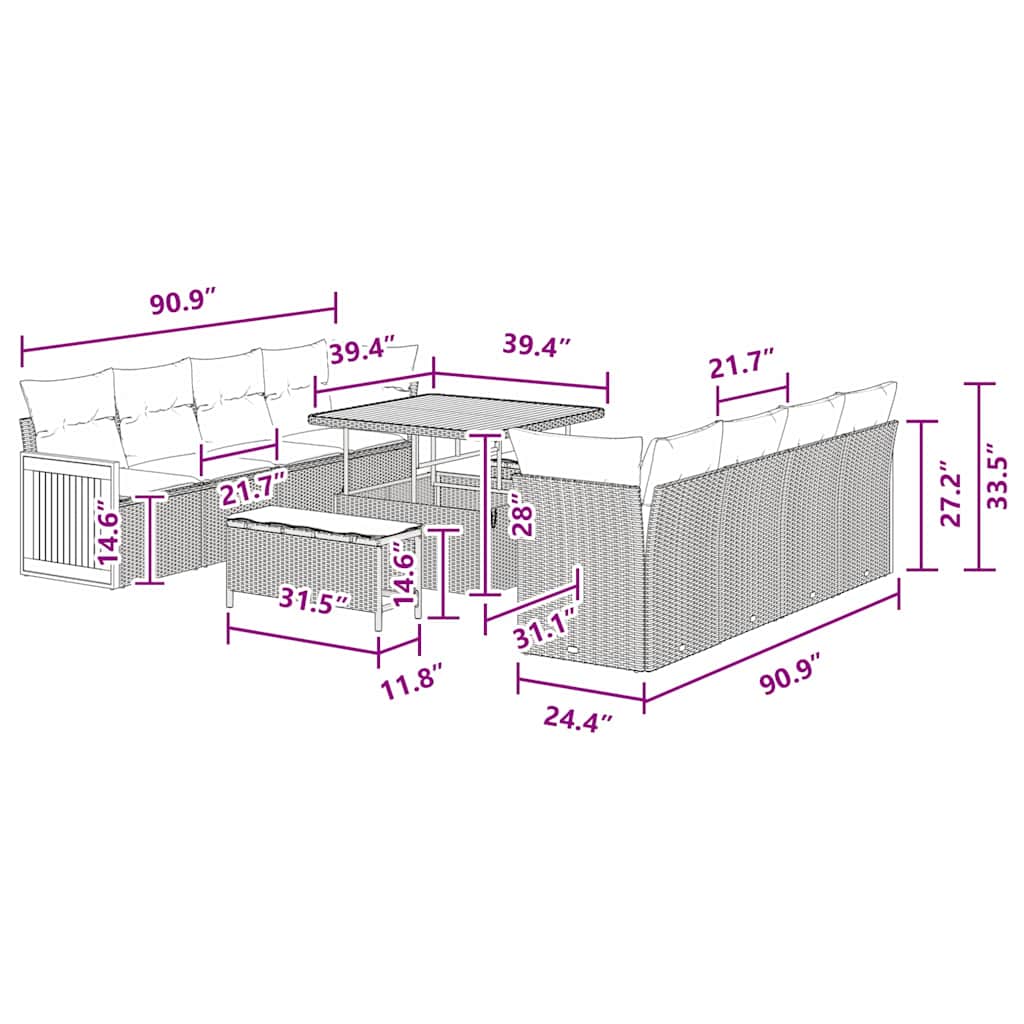 Conjunto de Sofá de Jardim com almofada Manual 11 pcs Preto
