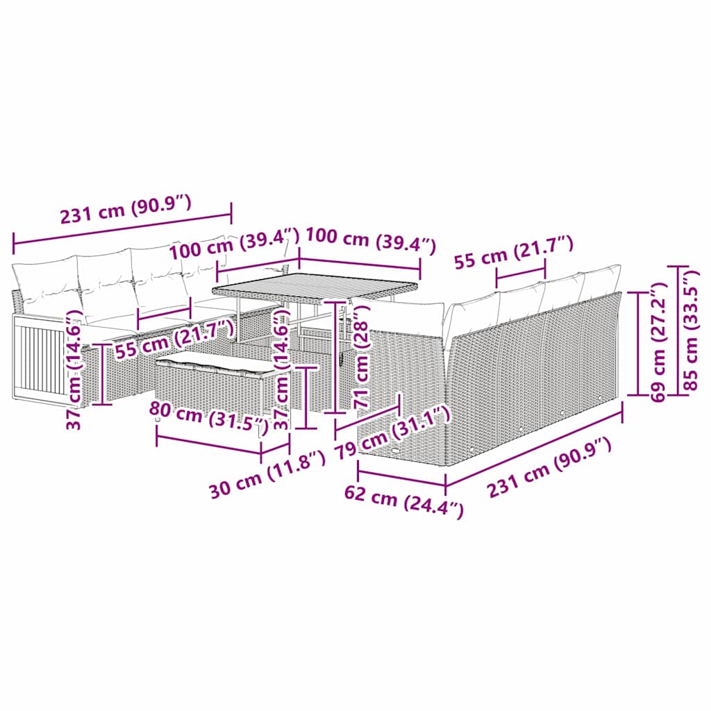 Conjunto de Sofá de Jardim com almofada 11 pcs Preto e creme
