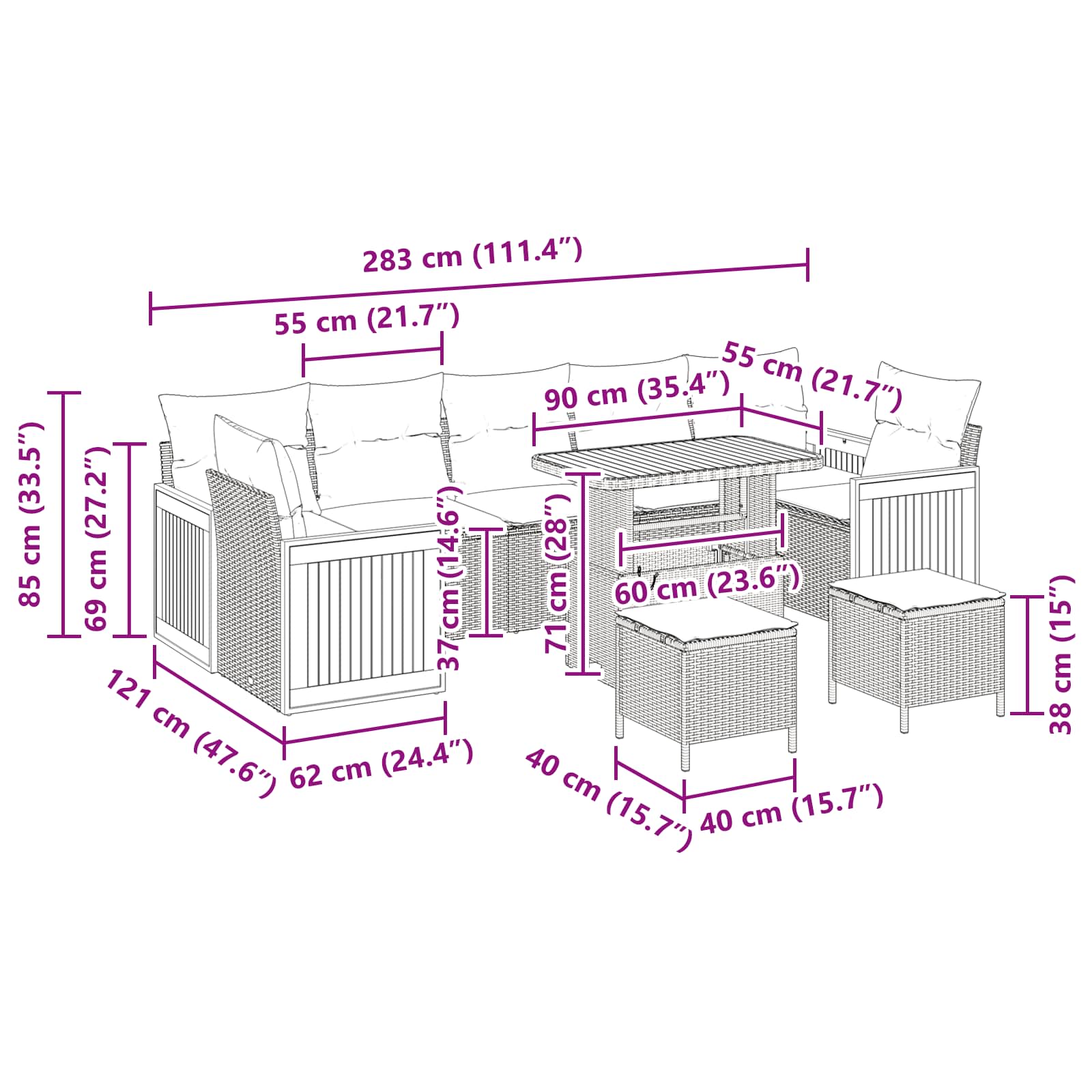 Conjunto de Sofá de Jardim com almofada 10 pcs Preto