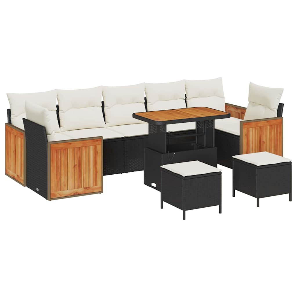 Conjunto de Sofá de Jardim com almofada 10 pcs Preto e creme