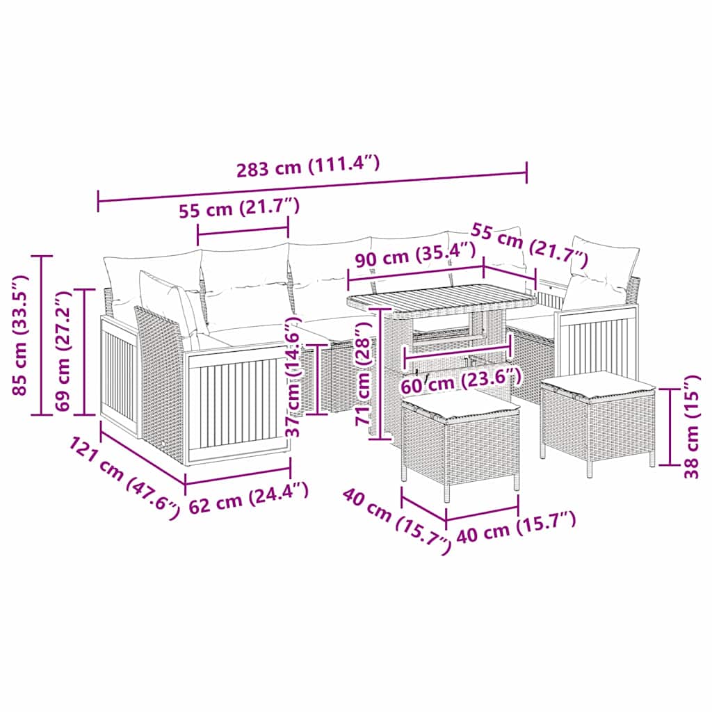 Conjunto de Sofá de Jardim com almofada 10 pcs Preto e creme
