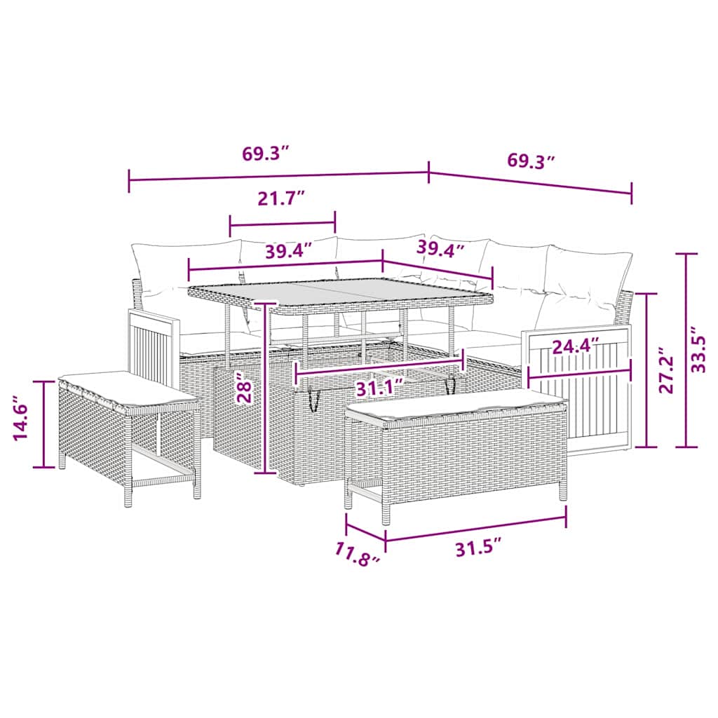 Conjunto de Sofá de Jardim com almofada 8 pcs Preto