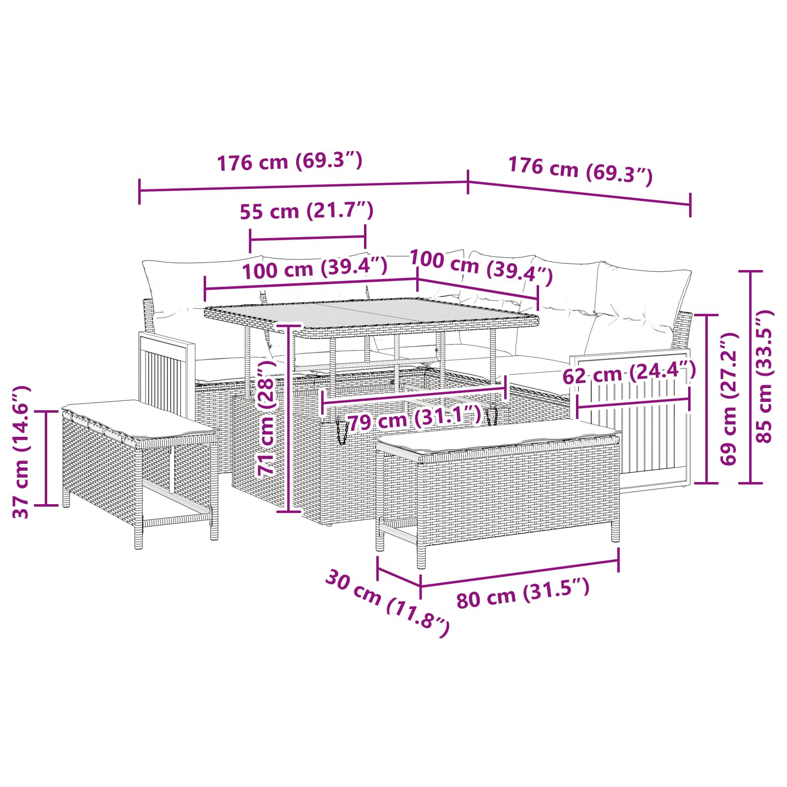 Conjunto de Sofá de Jardim com almofada 8 pcs Preto