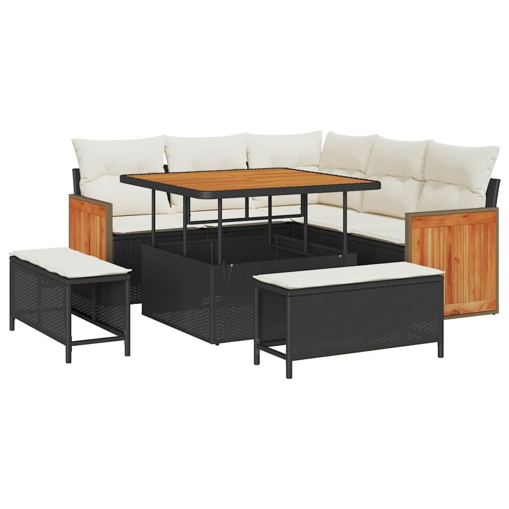Conjunto de Sofá de Jardim com almofada 8 pcs Preto e creme