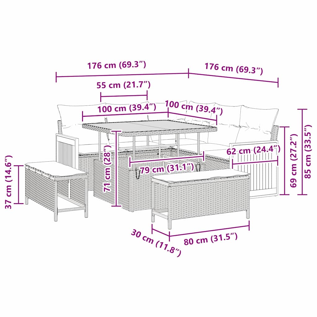 Conjunto de Sofá de Jardim com almofada 8 pcs Preto e creme