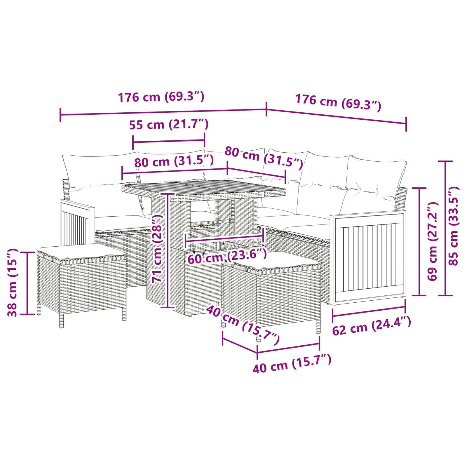 Conjunto de Sofá de Jardim com almofada 8 pcs Preto