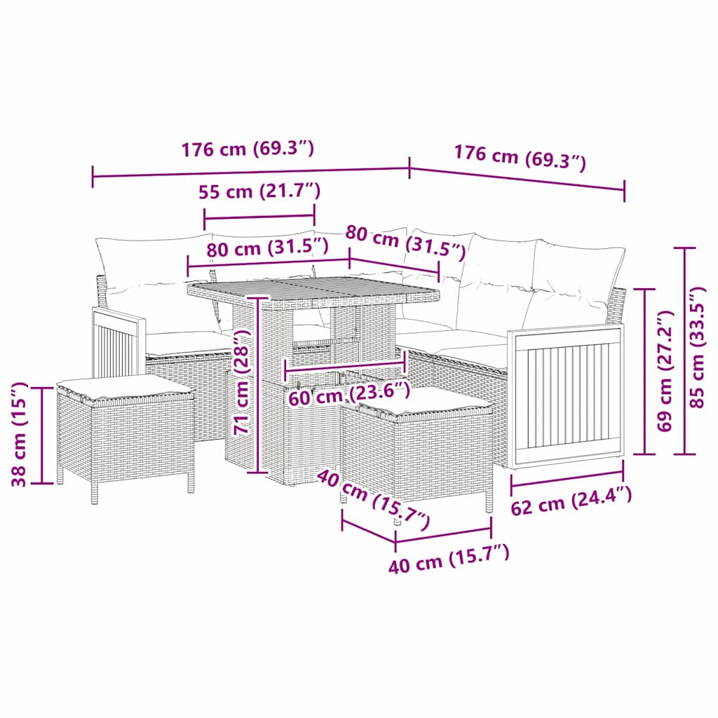 Conjunto de Sofá de Jardim com almofada 8 pcs bege e creme