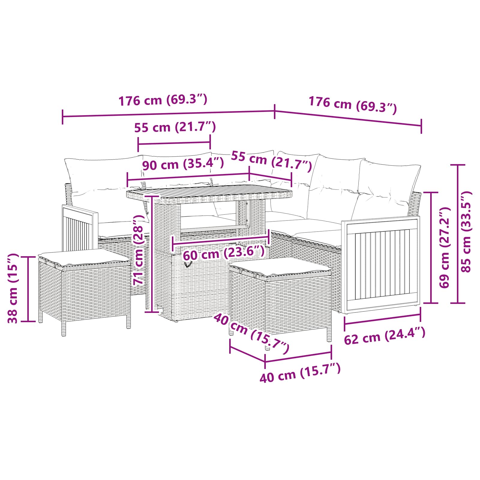 Conjunto de Sofá de Jardim com almofada 8 pcs Preto