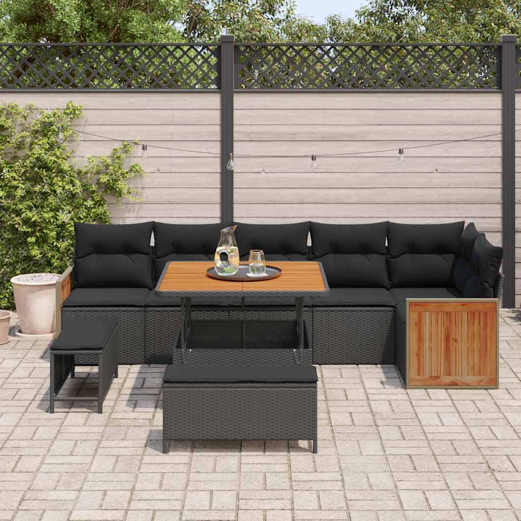 Conjunto de Sofá de Jardim com almofada 9 pcs Preto