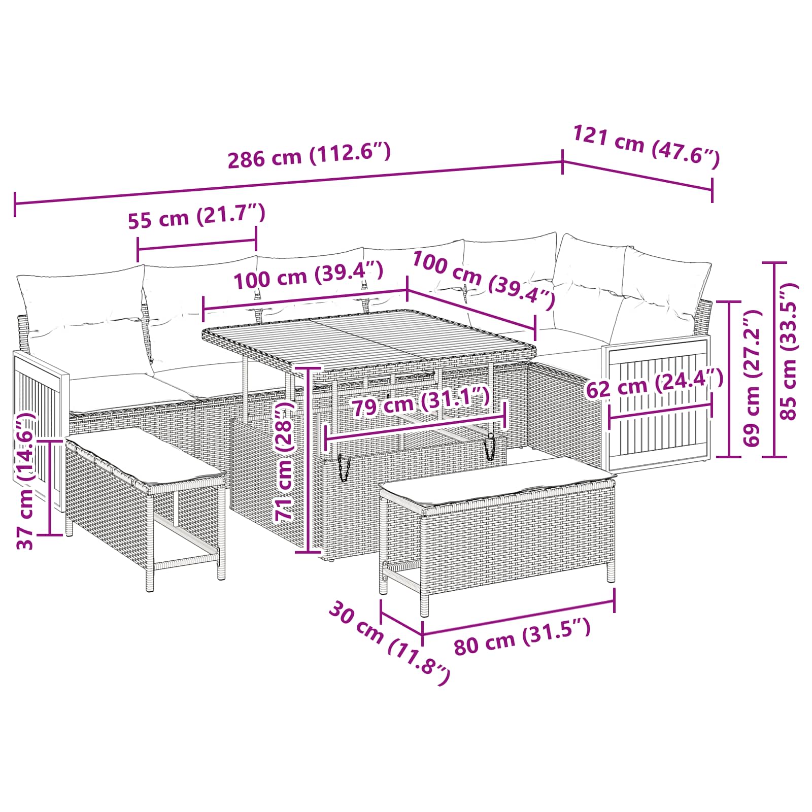Conjunto de Sofá de Jardim com almofada 9 pcs Preto