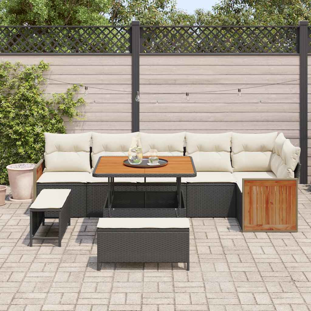Conjunto de Sofá de Jardim com almofada 9 pcs Preto e creme