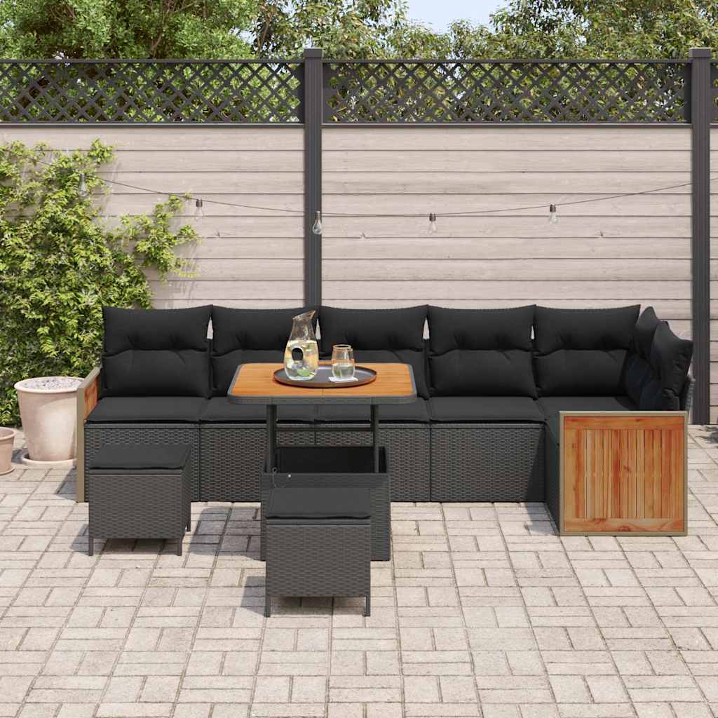 Conjunto de Sofá de Jardim com almofada 9 pcs Preto