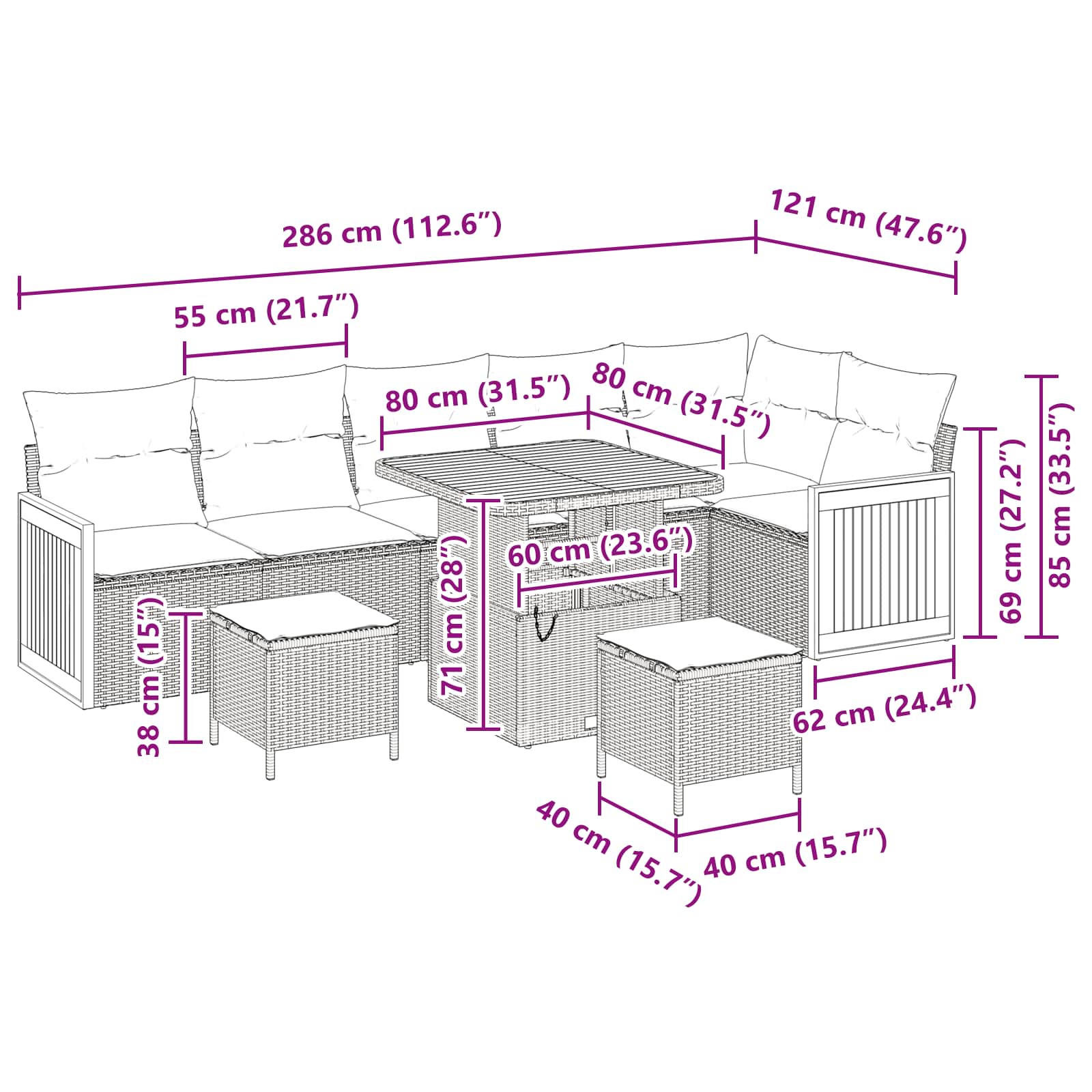 Conjunto de Sofá de Jardim com almofada 9 pcs Preto