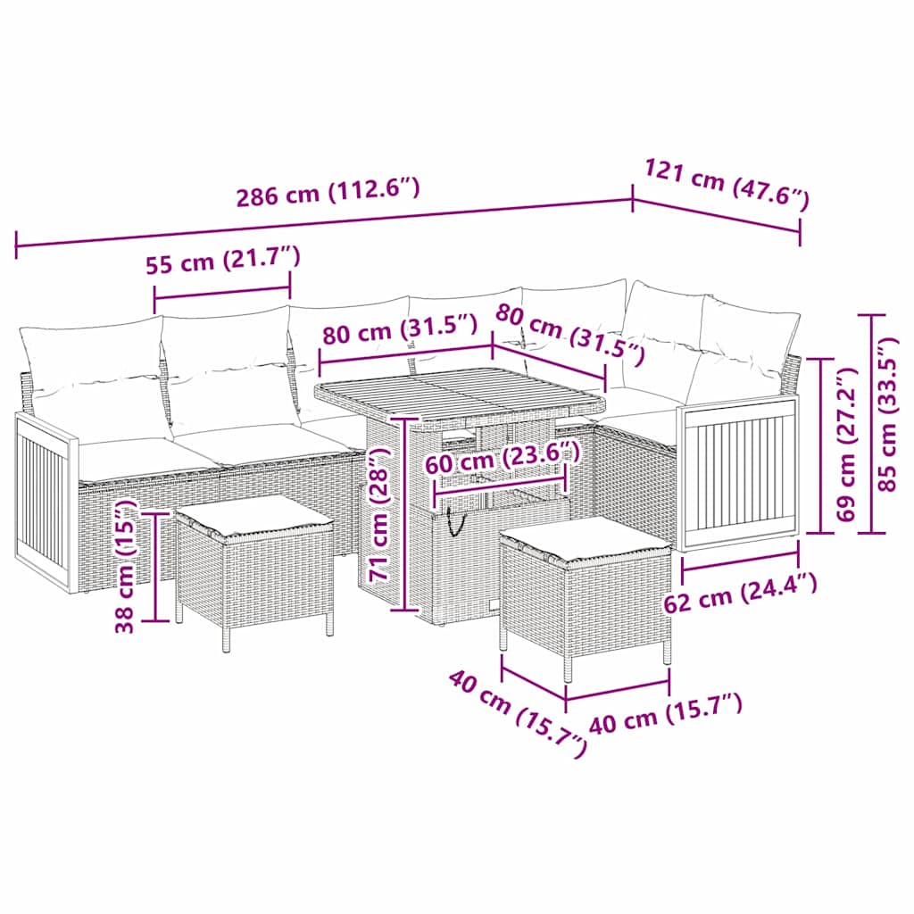 Conjunto de Sofá de Jardim com almofada 9 pcs Preto e creme