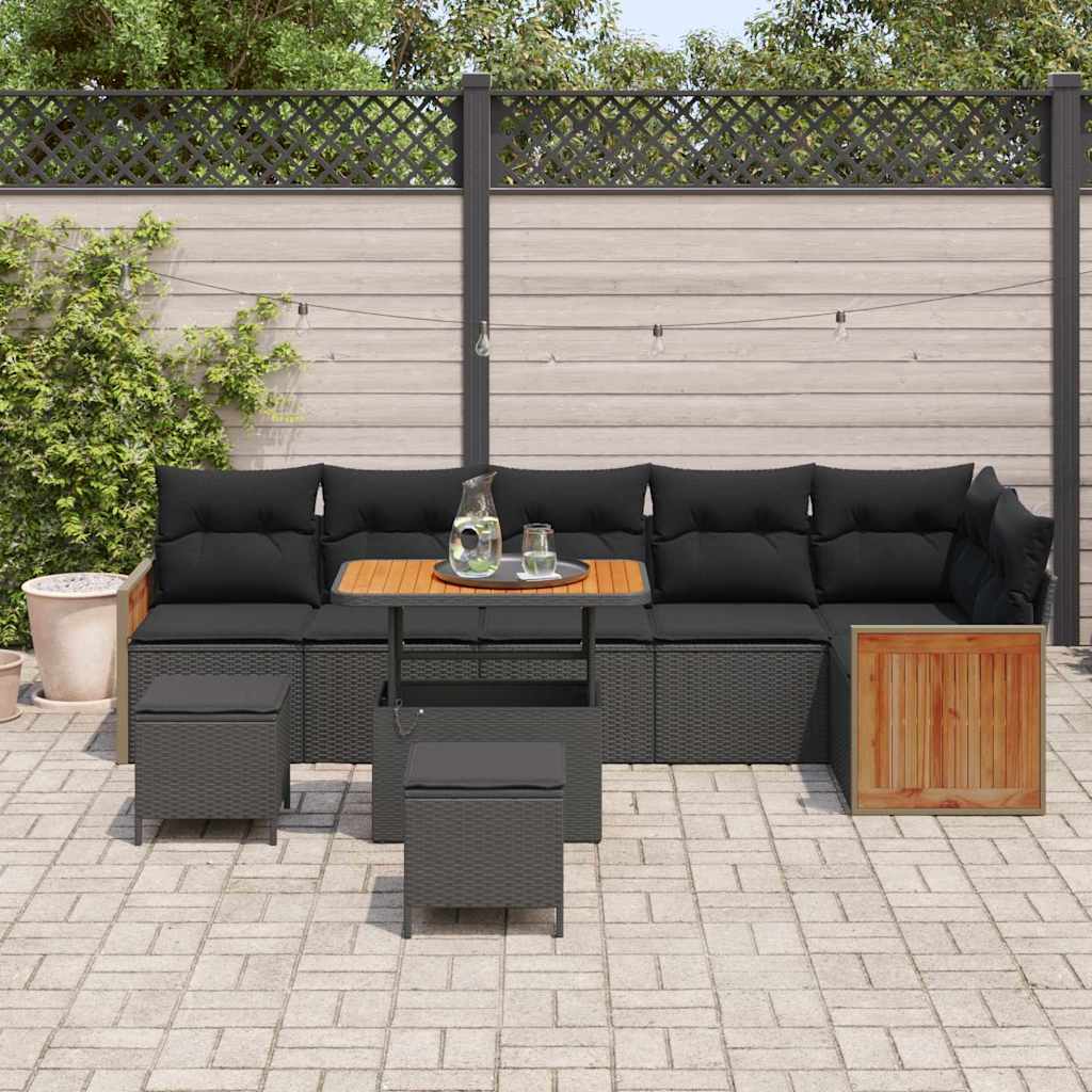 Conjunto de Sofá de Jardim com almofada 9 pcs Preto