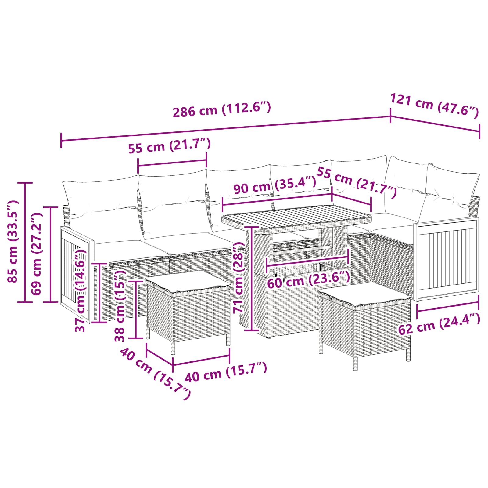 Conjunto de Sofá de Jardim com almofada 9 pcs Preto